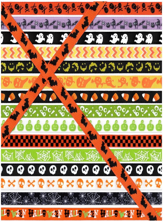 Confettiville Halloween Ribbons, 16 Rolls, 16 Yards, 3/8" (10mm) Thin Grosgrain Ribbons for DIY Crafts and Decorations, Spooky Whimsy Designs - Image 1